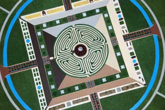 Grundriss der Oase des Weltfriedens mit zentralem Labyrinth